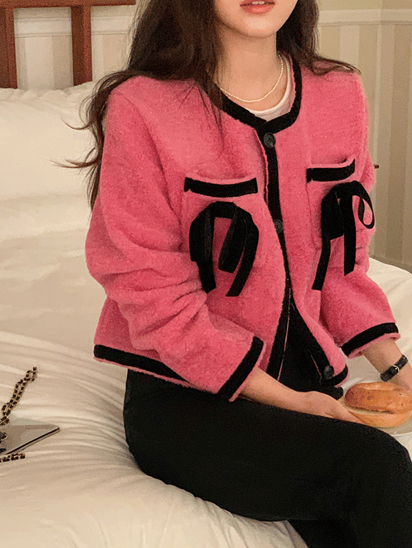 [연말룩]팬톤 부클 벨벳 리본 트위드 숏 코트,가디건 (2color)